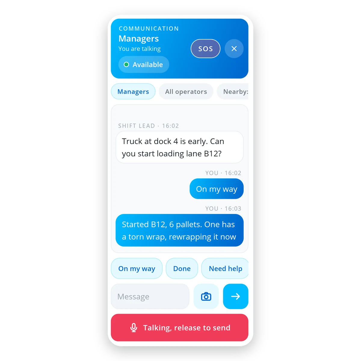 CT Communication op een scanner: een manager vraagt een vrachtwagen te laden, de operator antwoordt met een snel antwoord en een bericht, en praat nu via push-to-talk