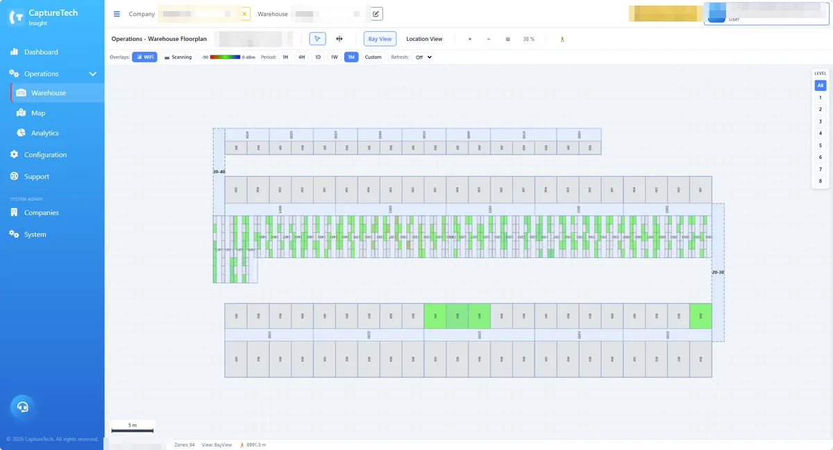 CT Insight Digital Twin warehouse floorplan with signal heatmap